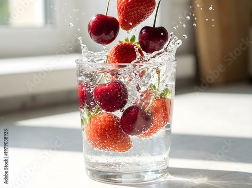 Fresh strawberries and cherries splashing into a glass of sparkling water, healthy summer drink concept.