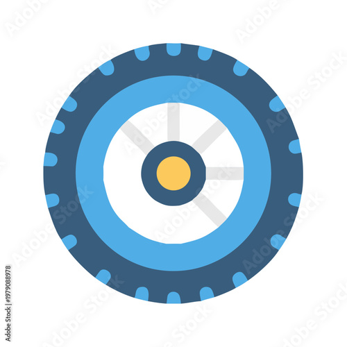 Isolated blue tire vector illustration with white spokes on black background
