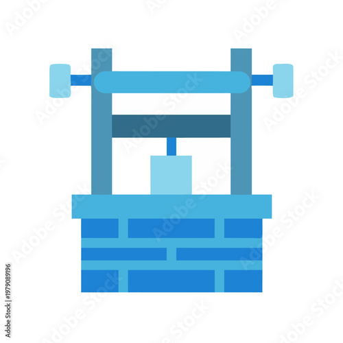 Blue water well on black background showcasing ancient water-drawing technology in flat design