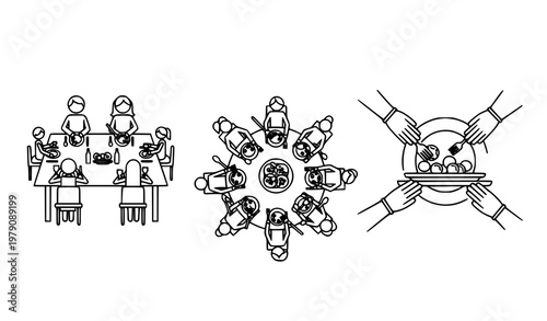 Minimal family dining stickman icons restaurant people eating line art black and white vector illustration isolated on white