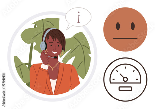 Customer service, feedback evaluation, user experience, satisfaction monitoring, communication, quality control. Woman with headset and microphone, satisfaction gauge neutral face. Customer service
