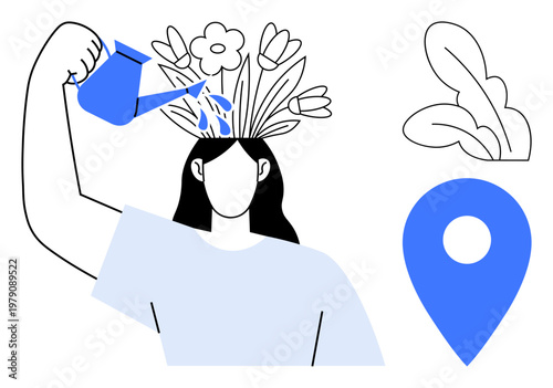 Personal growth, creativity, self-improvement, mindfulness, mental health, location. Female figure with flowers growing from head and pouring water. Personal growth and creativity concept