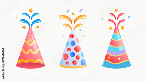 Colorful party hats with sparkling bursts and festive vibrant designs