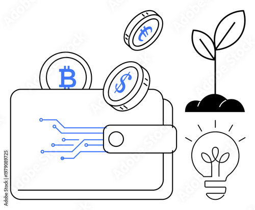 Cryptocurrency, digital transactions, sustainable growth, technology, innovation, blockchain. Electronic wallet holding coins, plant and lightbulb icon. Cryptocurrency and digital transactions