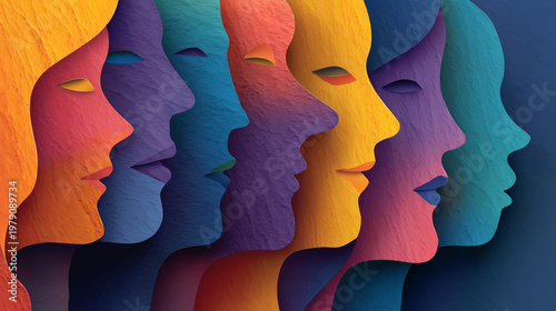 A row of stylized, colorful profile faces showcases diversity and unity in a vibrant and modern abstract artistic representation.