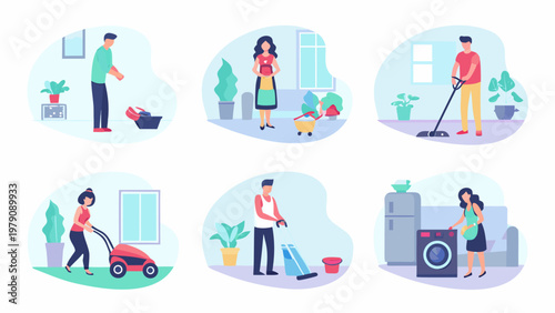 People performing various household chores in a colorful vector illustration style