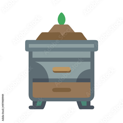Flat Illustration of a Grey Composter with Brown Soil and a Green Sprout