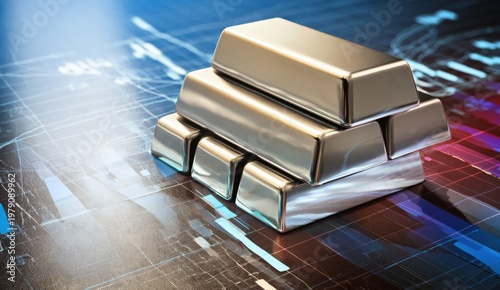 Shiny silver bars stacked on a digital financial graph background symbolizing investment and market trends.