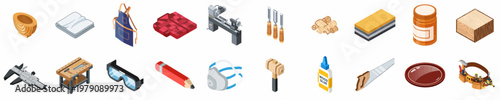 Isometric Collection of Woodworking Tools and Equipment for Carpentry Projects, Featuring Saws, Chisels, Lathe, and Safety Gear on a Clean White Background.