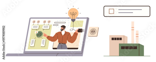 Green energy, industrial efficiency, sustainability, eco-friendly technology, workflow visualization, digital transformation. A man on a laptop screen sharing ideas. Green energy and industrial