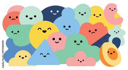 Cartoon shapes with various facial expressions on a white