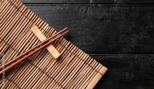 A pair of wooden chopsticks resting on a bamboo sushi rolling mat placed on a black wooden surface.