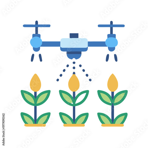 Aerial drone spraying insecticide or fertilizer on a crop field, precision agriculture