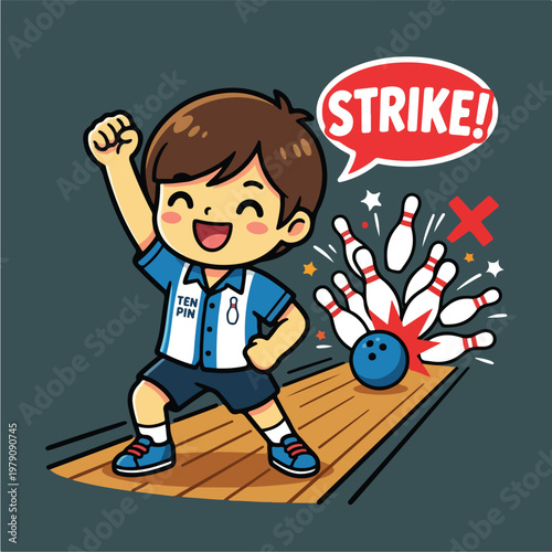 Boy Celebrates Strike in Bowling.