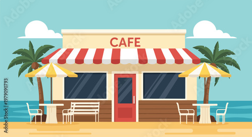 Beachside cafe with red door.