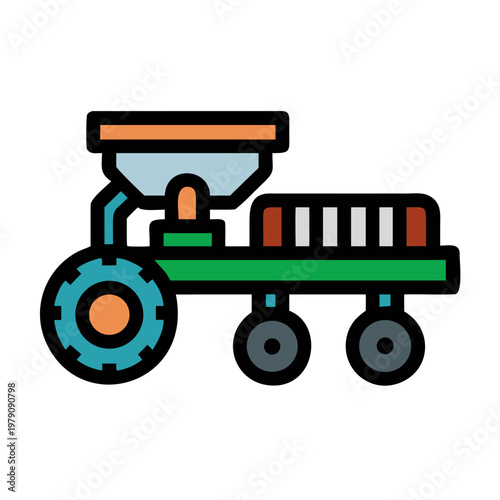 Stylized flat illustration of a farm tractor with attached trailer on black background