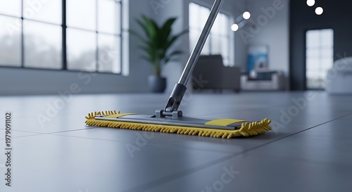 A cleaning mop in a modern, spacious interior, with focus on the yellow mophead on the floor