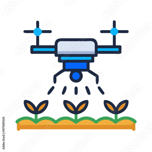Modern agriculture: a drone sprays crops in a stylized farm field