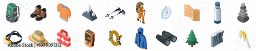 Comprehensive Isometric Hiking and Mountain Climbing Equipment Icon Set for Outdoor Adventure and Wilderness Exploration Illustration