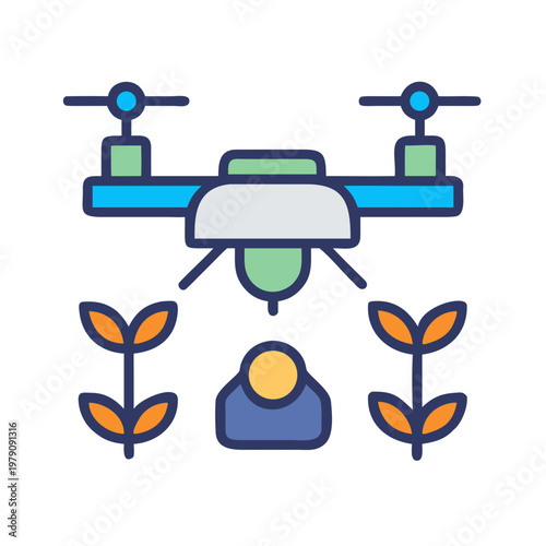 Drone surveying crops in agriculture with farmer present in a modern style