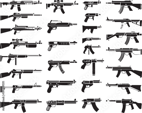 firearm silhouette set vector icons rifle shotgun pistol handgun