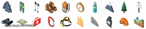 Isometric Hiking and Mountaineering Icons Set for Outdoor Adventures and Trekking Gear
