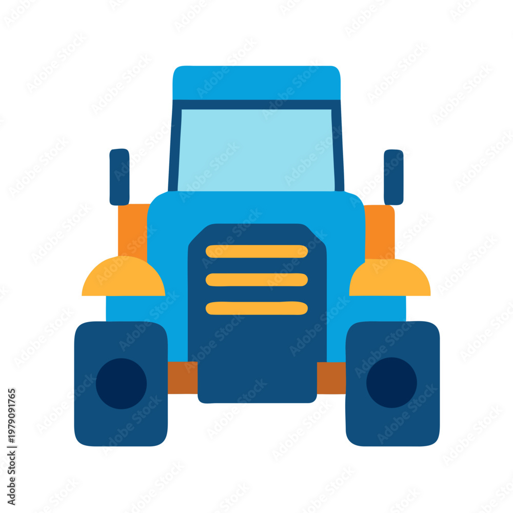 Obraz premium Simple blue and orange tractor vector illustration on black background, farming concept