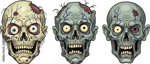 Horror Zombie Head Illustration Set with Creepy Undead Faces, Scary Expressions, Rotten Skin Details and Halloween Monster Character Collection for Dark Design Projects