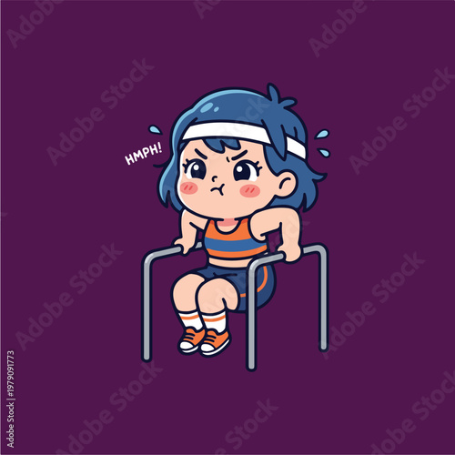 Cartoon girl in gym workout.