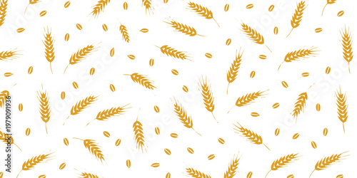 wheat seamless pattern stalks and grains on white background