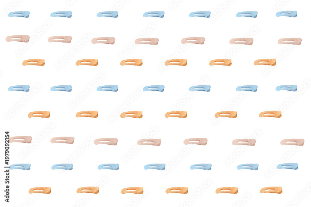 Soft pastel hair clips arranged neatly in rows. Each clip has a gentle, minimalist design. Neutral tones include peach, blue, and pink. For fashion, beauty,  lifestyle editorial use, seamless pattern