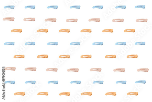 Soft pastel hair clips arranged neatly in rows. Each clip has a gentle, minimalist design. Neutral tones include peach, blue, and pink. For fashion, beauty,  lifestyle editorial use, seamless pattern