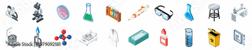 Set of Isometric Laboratory Equipment and Scientific Research Icons Including Microscope, Flasks, Test Tubes, and Lab Tools