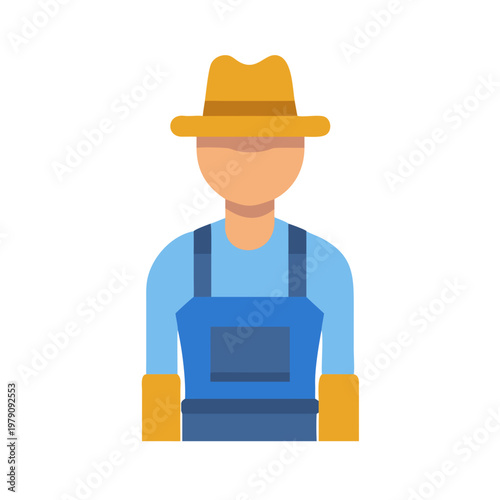 Flat illustration of a farmer wearing overalls and a hat, isolated on black.