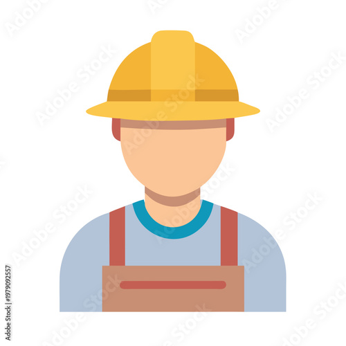Flat Illustration of a Construction Worker Wearing a Yellow Hard Hat and Overalls