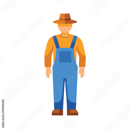 Stylized farmer illustration in overalls and hat against a black background