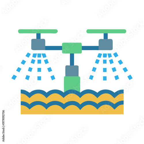 Graphic illustration of irrigation system with water droplets over a field landscape