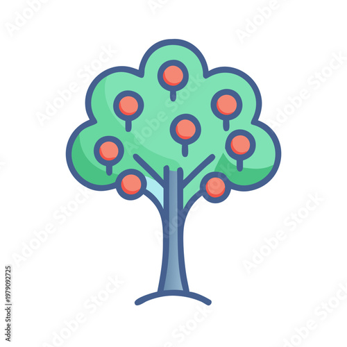 Stylized Apple Tree Icon with Green Leaves and Red Fruit