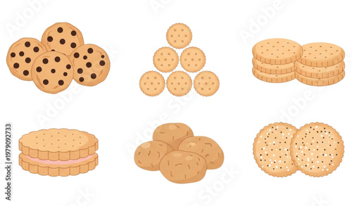 Cookie and Biscuit Collection with Chocolate Chip Sandwich and Cracker Snacks Flat Vector Illustration Set Isolated on White Background