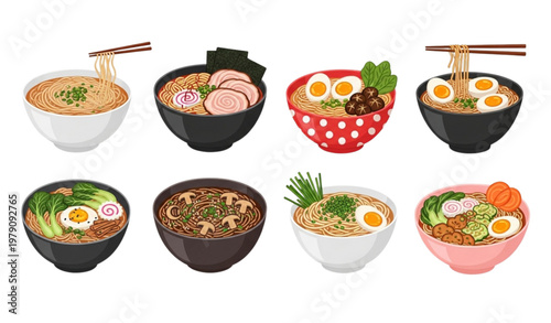 Asian Noodle Soup Bowl Collection with Ramen Udon and Pho Dishes Traditional Food Vector Illustration Set Isolated on White Background