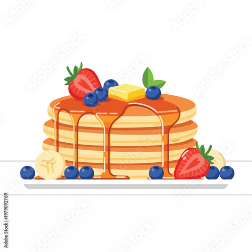 A stack of pancakes with syrup, butter, strawberries, blueberries, and bananas