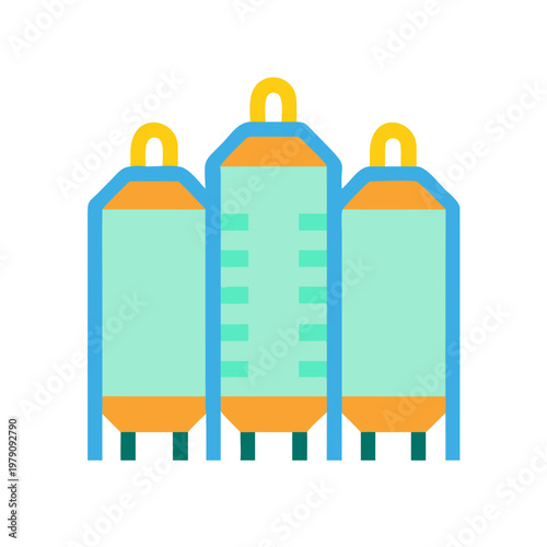 Three industrial storage tanks graphic design element, isolated on black background