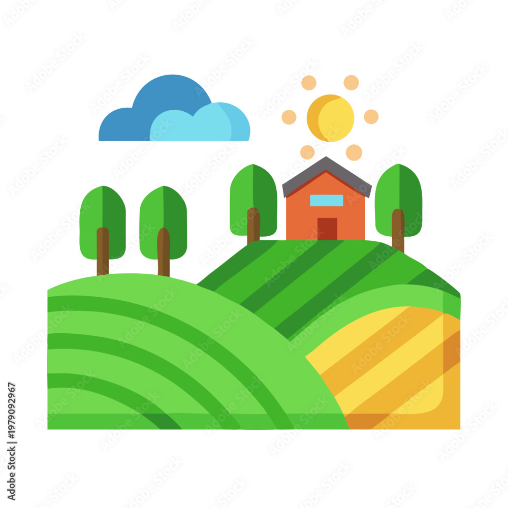 Fototapeta premium Flat style illustration of a farm landscape with fields, trees and a house.