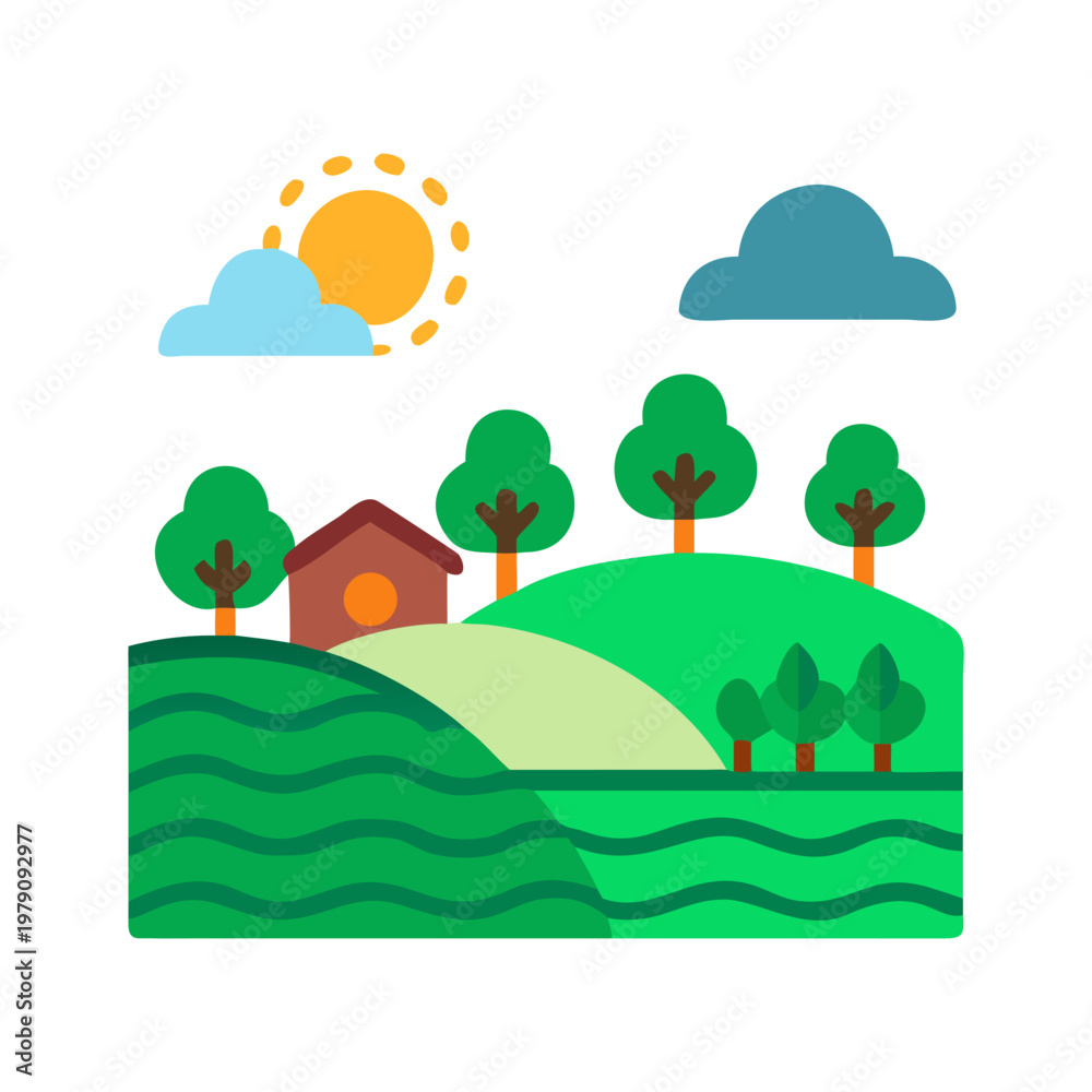 Fototapeta premium Rural landscape with house trees sun and fields in simple flat vector style