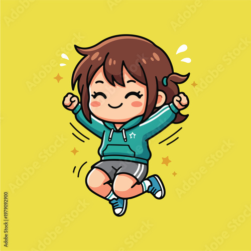 Happy Cartoon Girl Jumping Up.