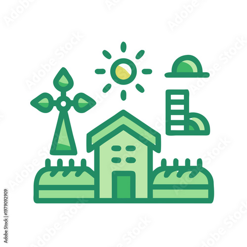 Green Farmhouse Landscape with Windmill, Barn, and Sunlight Icon on Black Background