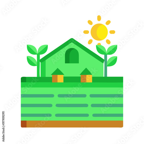Iconic flat illustration showcasing sustainable agriculture, green energy, and environmentally friendly practices