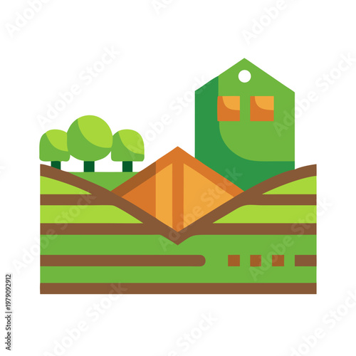Green House and Trees in Field Landscape Icon on Black Background