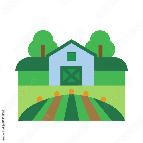 Stylized farm scene featuring a barn, trees, crops, and fields in flat design