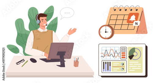 Workflow planning, remote communication, task scheduling, analytics, customer service, time management. A professional with headphones at a desk, tracking stats and tasks. Workflow planning